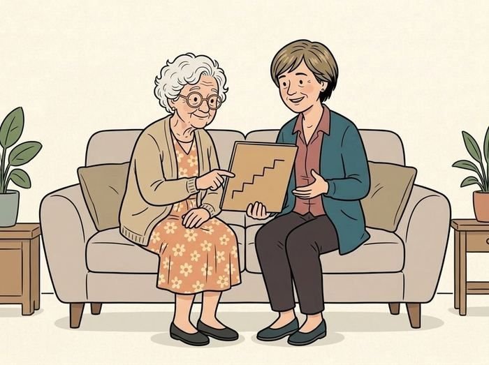 Comic: A care worker explains the care levels to an older woman