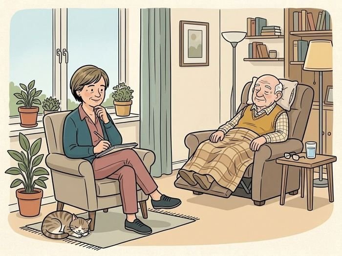 Comic: A family carer sits thoughtfully next to Grandpa, who is asleep